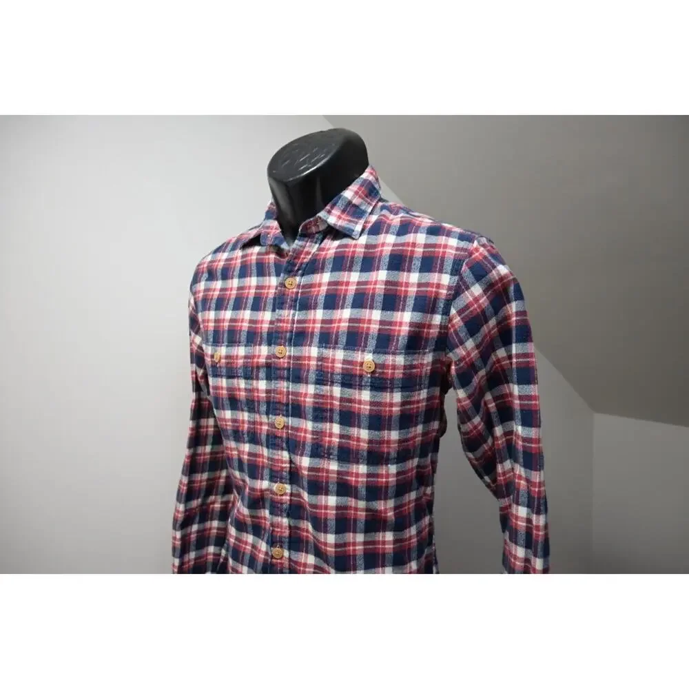 J Crew Big Button Flannel Camp Shirt Button Up‎ Plaid Long Sleeve Mens Sz Small